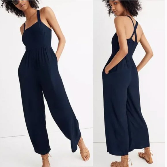 Madewell Pants - Madewell Smocked Crop Jumpsuit Navy Blue Size 4